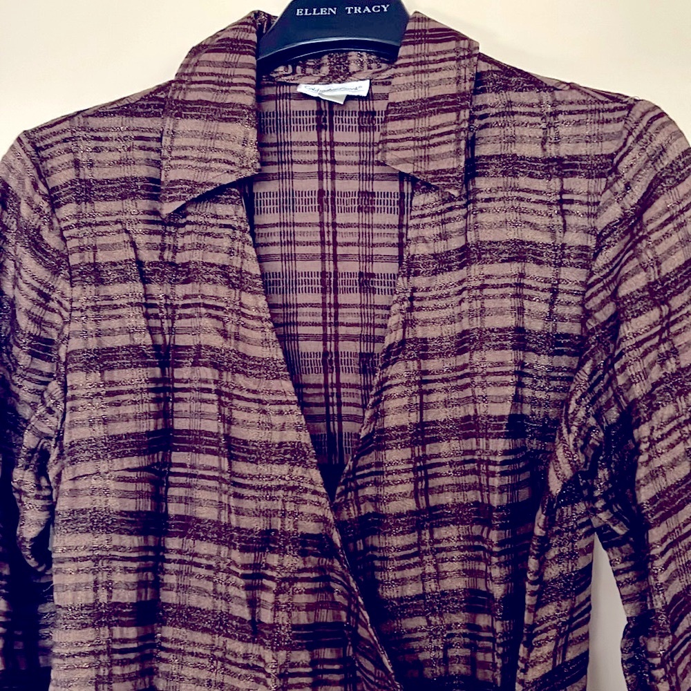 NWOT. Coldwater Creek brown shimmer striped linen blend summer evening blouse. - Picture 2 of 8